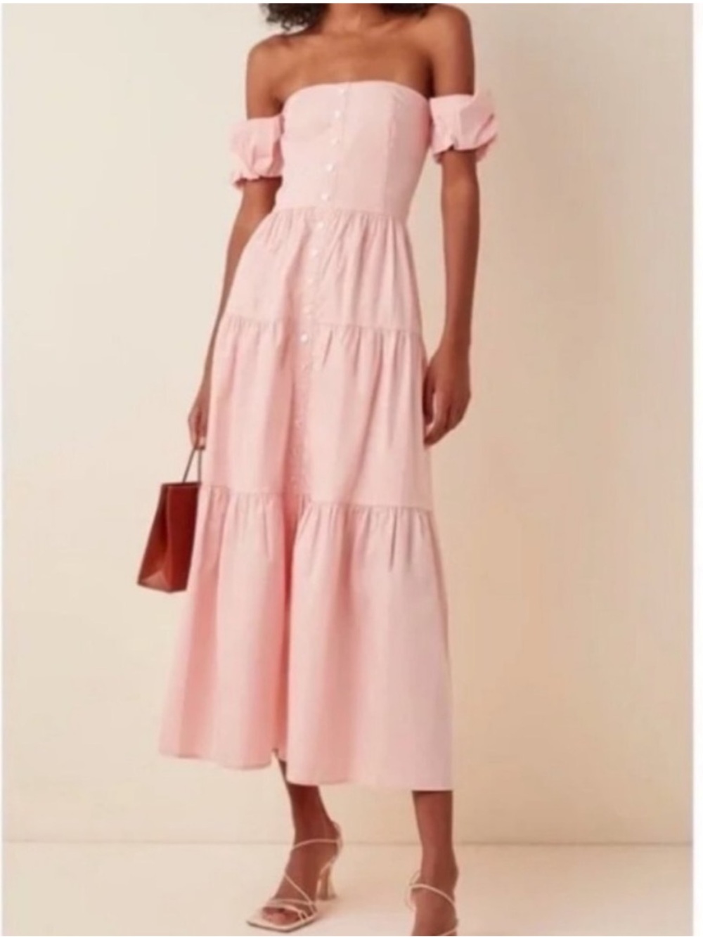 STAUD Elio Puff Sleeve Tiered Cotton Midi Dress in Strawberry Cream Size 4
